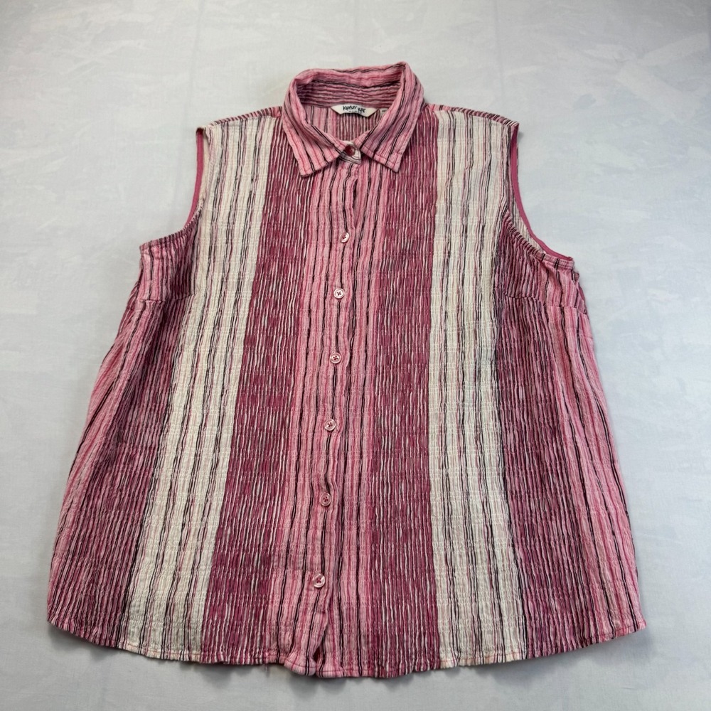 Krazy Kat Tank Top Womens 1X Pink Striped Texture Sleeveless Collar Button Front
